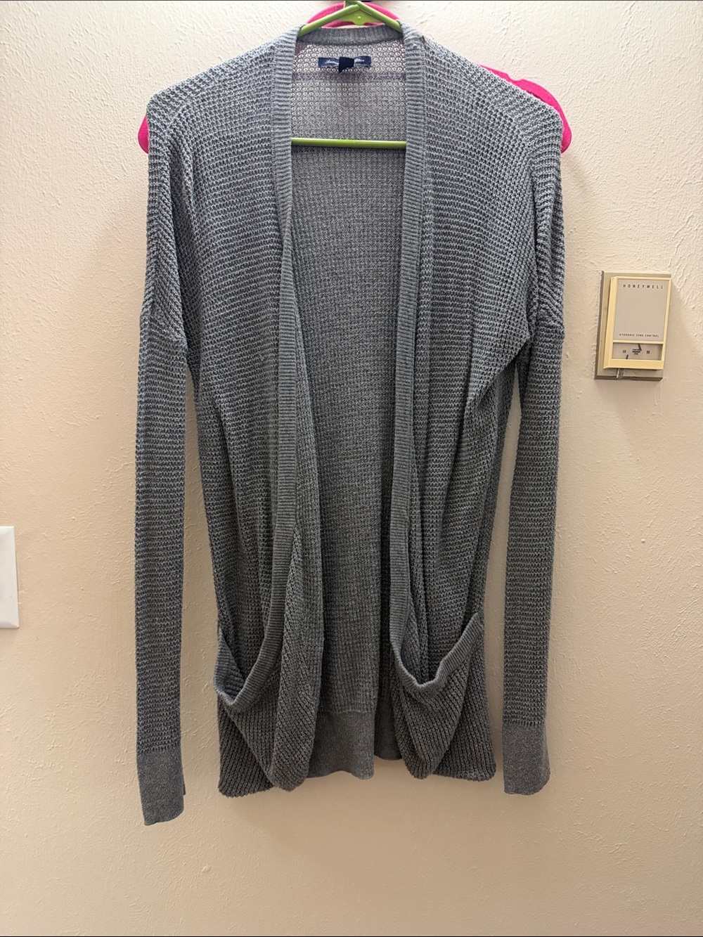 American Eagle Outfitters Grey Open-Front Waffle Knit Cardigan